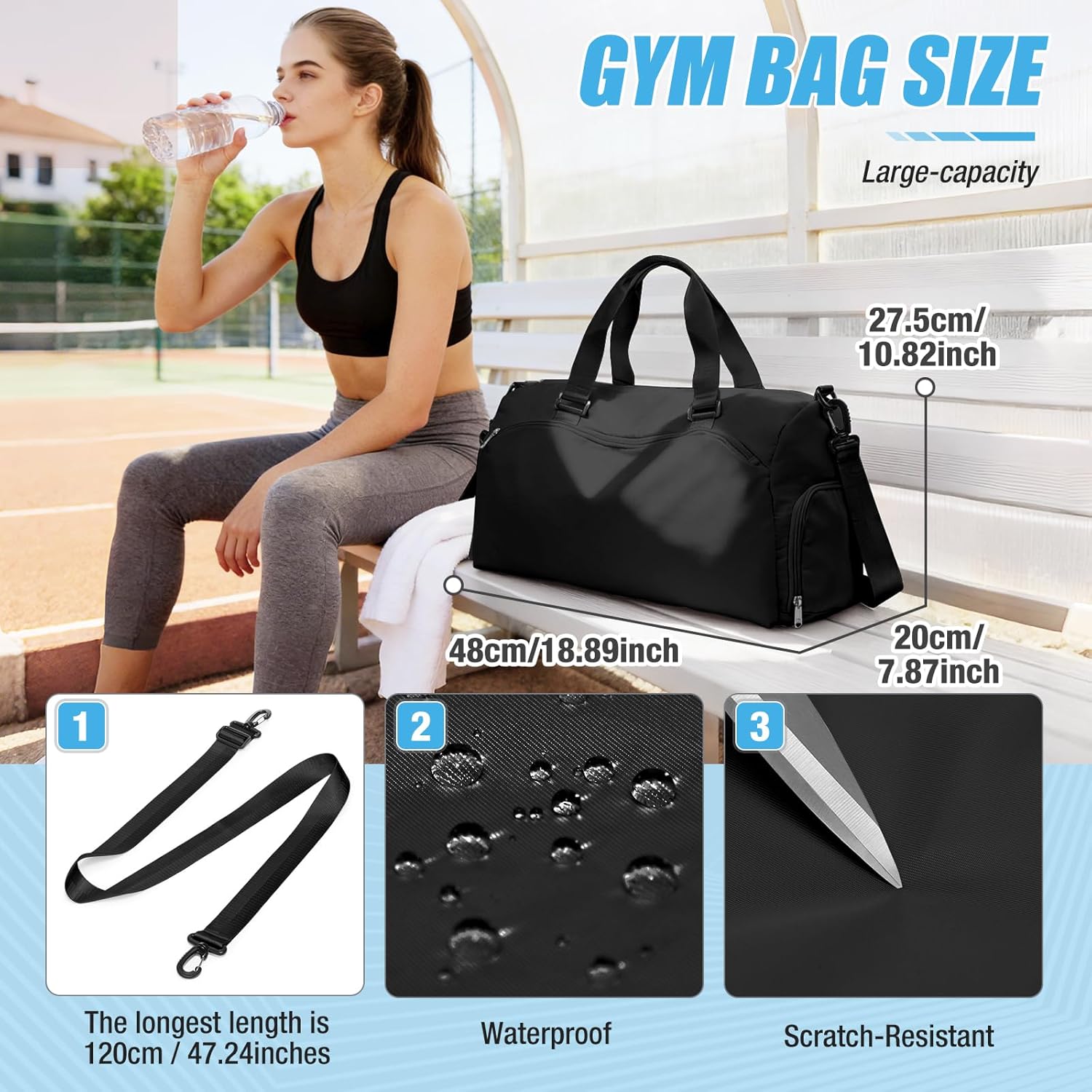 Gym Bag for Women & Men,Sports Duffel Bag Travel Bag with Shoe Compartment,Personal Item Weekender Bags with Wet Pocket,Black Overnight Bag