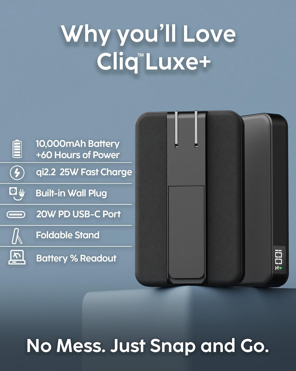 myCharge CliqLuxe+ Magnetic Wireless Power Bank 10,000mAh | iPhone & MagSafe Compatible | Qi2.2 25W Mag Safe Portable Charger | Built-in Wall Plug & Stand | 20W PD USB-C Port | Premium Black Fabric