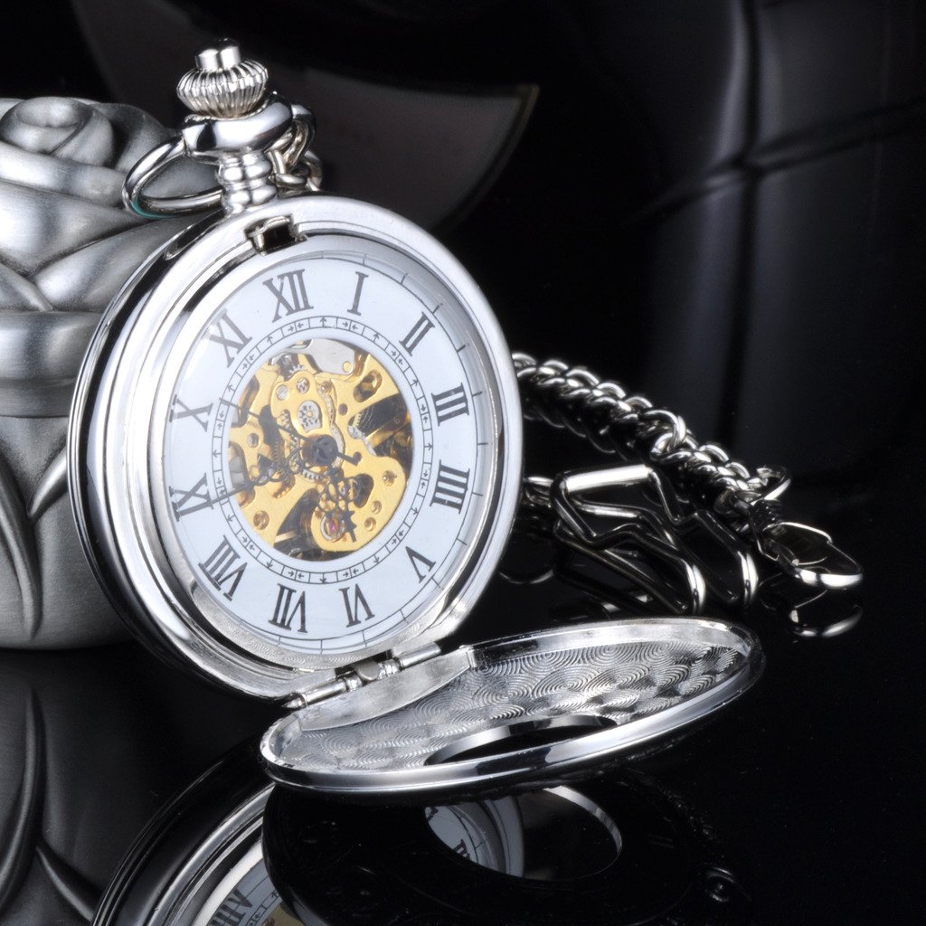 Unendlich U Montre de Poche mécanique, Montre de Poche Chiffres Rétro Creux Squelette en Acier, Montre Pendentif pour Homme Femme, avec Deux chaînes, Cadeau de Noël et Anniversaire