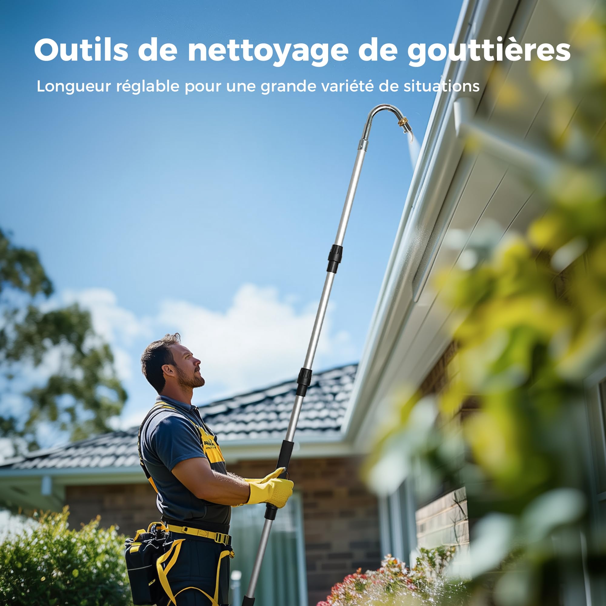 Diivoo Nettoyeur de Gouttières, Accessoire Pour Nettoyeur Haute Pression, Perche Nettoyage Toiture Avec Tige Courbée en Aluminium et Tête Pivotante en Iaiton, Pour Nettoyer les Gouttières de Toit