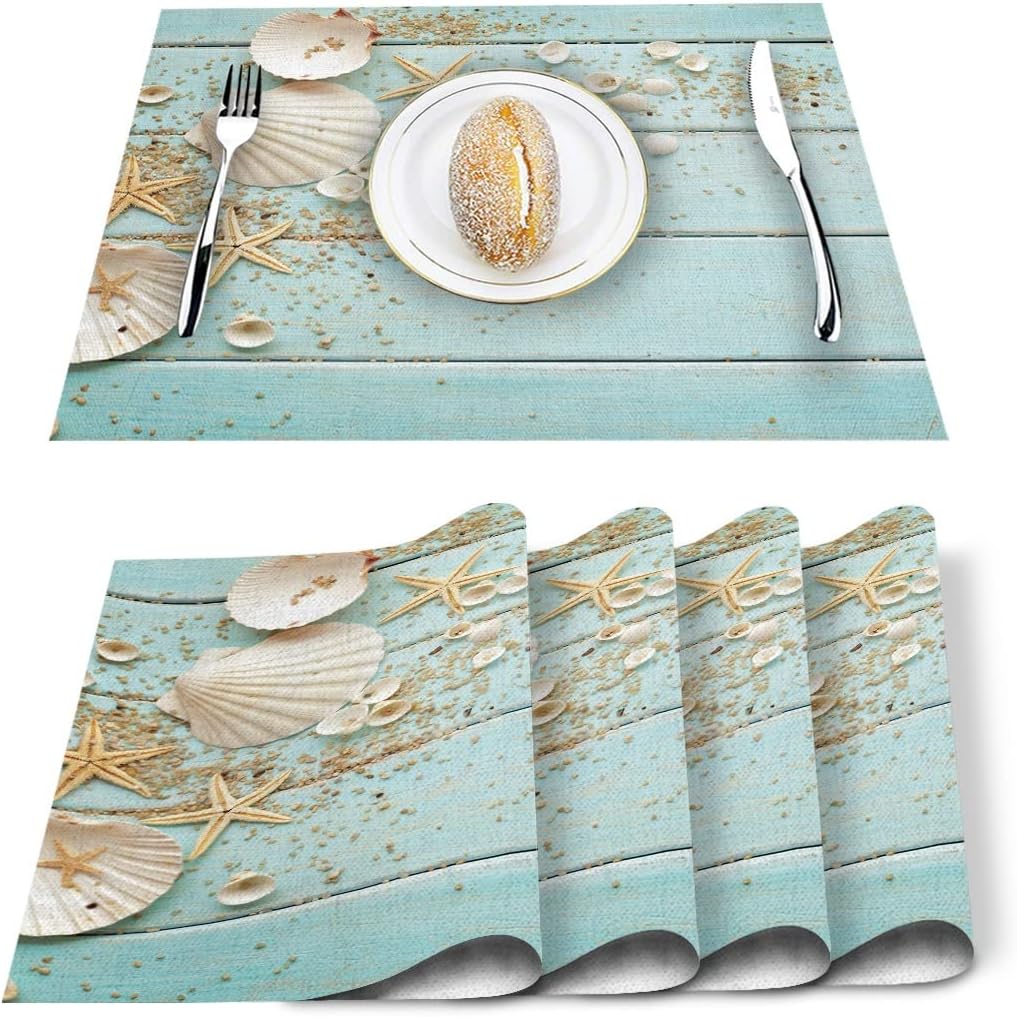 4/6pcs Set Table Mats Wooden Board Shells Printed Table Napkin Kitchen Accessories Home Party Decorative Placemats (Color : D, Size : 6 PCS)