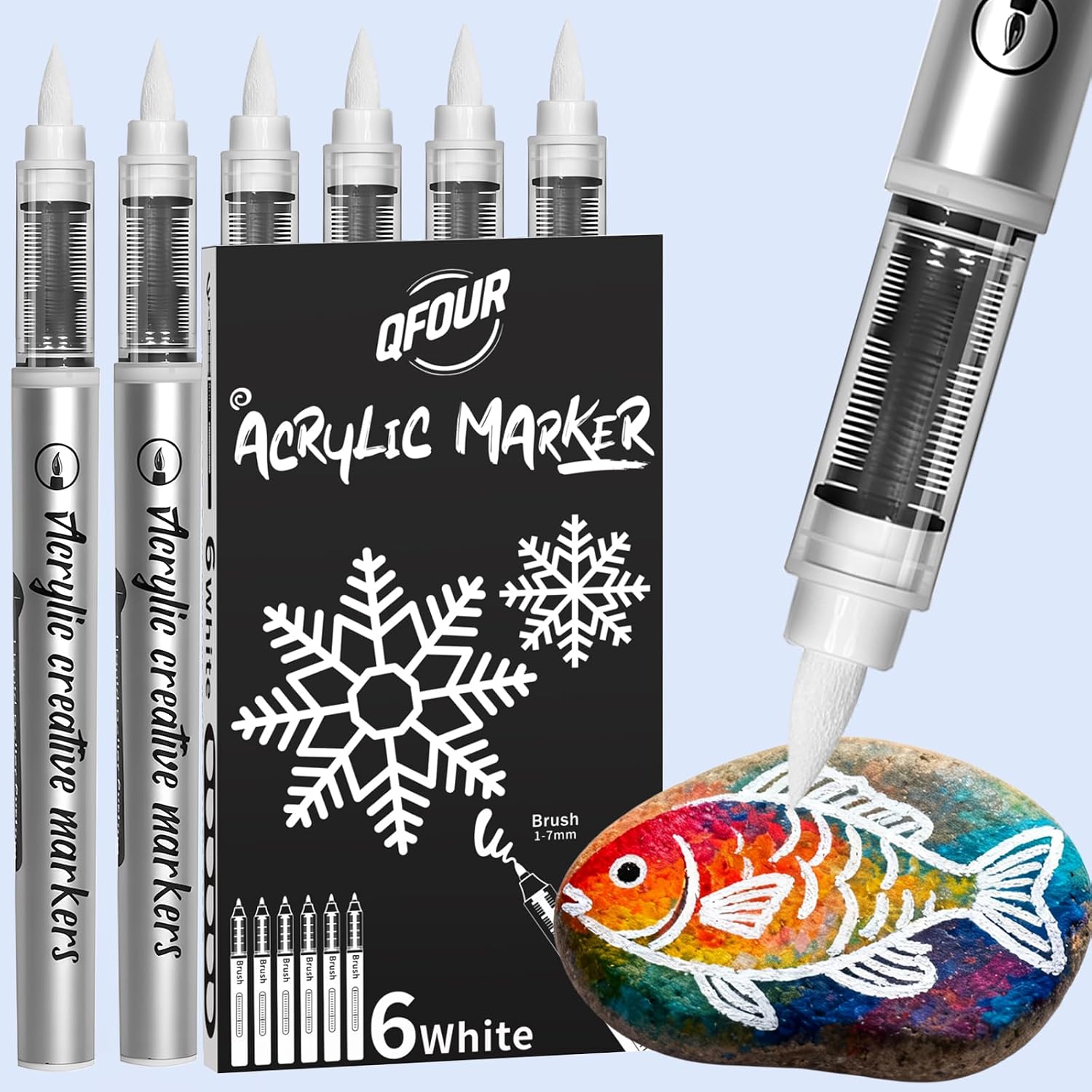 White Paint Pen, 6 Pack White Acrylic Markers with Brush Tip, Automatic Ink Flow, Opaque White Paint Markers for Rock Painting, Black Paper, Wood, Glass, Plastic, Ceramic, Fabric
