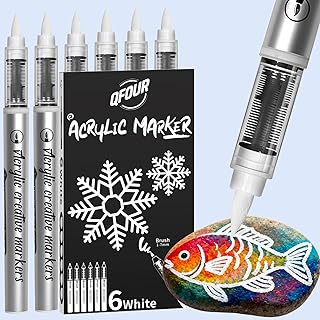 White Paint Pen, 6 Pack White Markers with Automatic Ink System, Brush Tip Paint Pens for Rock Painting, Wood, Glass, Plastic, Ceramic and Frabic