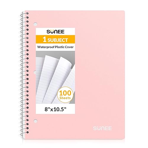 SUNEE Spiral Notebook, 1-Subject, College Ruled Paper, 8" x 10-1/2", 100 Sheets per Notebook, 3-Hole Punched Paper, Water Resistant Cover, Double-sided Pockets, Spiral Lined Notebooks for Work, Pink