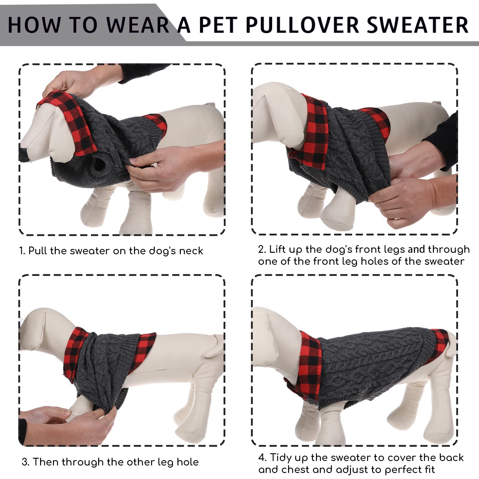 CITÉTOILE Caldo Maglione Invernale per Cani, Maglione a Collo Alto con Pannello a Quadri, Cappotto Vestiti per Animali Domestici per Cane Taglia Piccola/Media/Grande, Nero, M