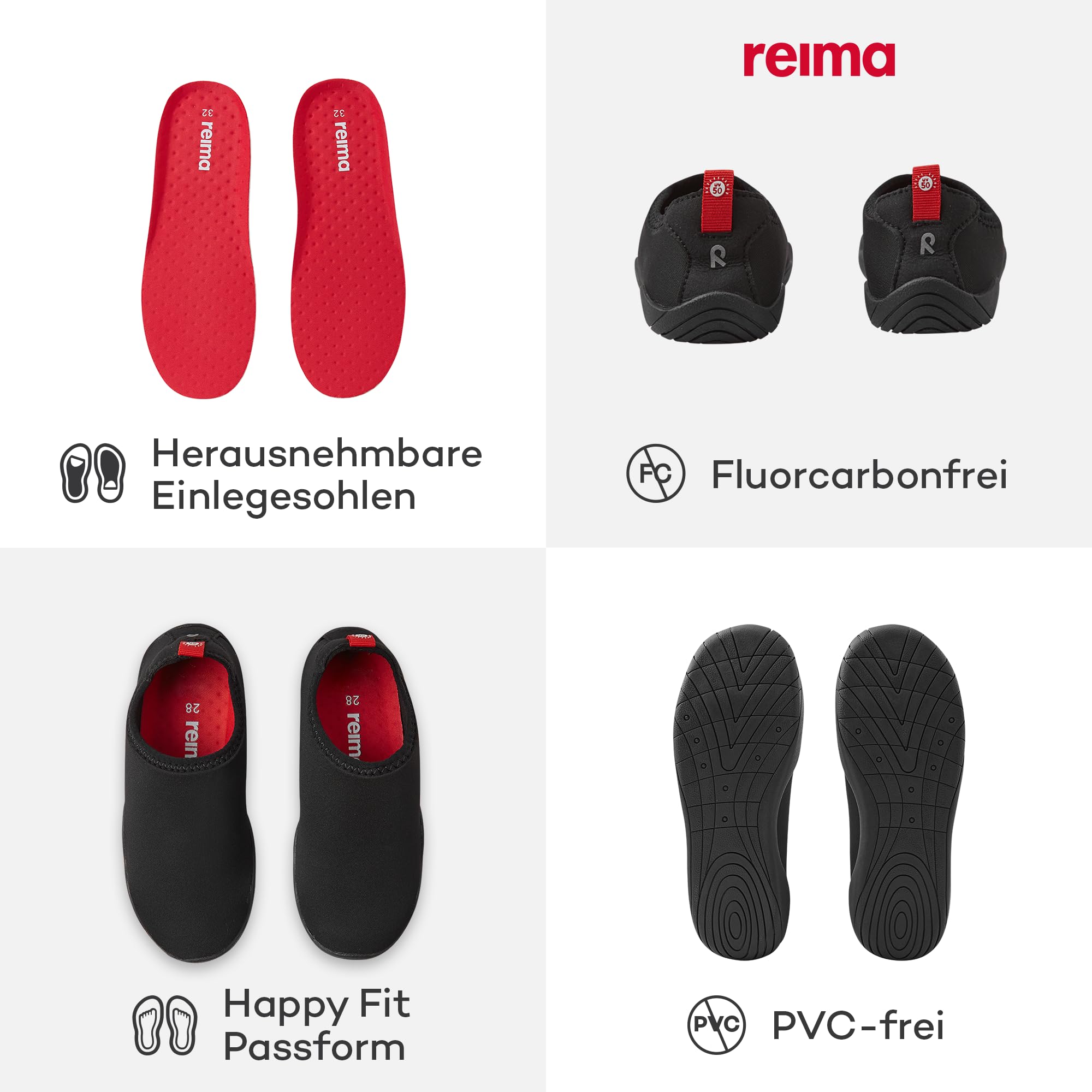 Reima Lean Wasserschuhe für Kinder - Leichte, atmungsaktive, Flexible, rutschfeste Aquaschuhe für Kinder - UV50-Schutz, maschinenwaschbar, umweltfreundliches Design - Black, 36