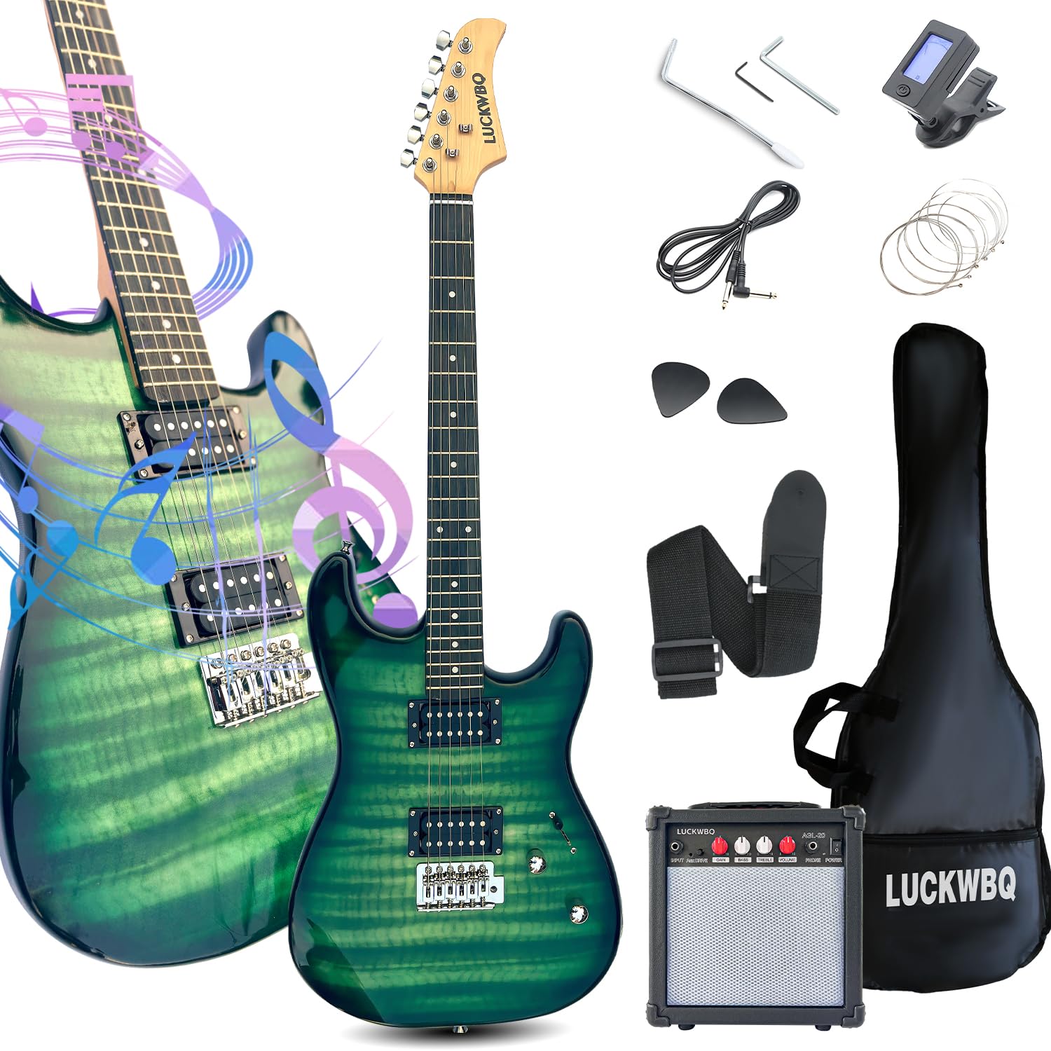 LUCKWBQ 39" Full Size ST Style Electric Guitar Starter Kit with HH Pickup, 20W Portable Amp, Tuner, Gig Bag, Strap & Accessories(Green Flame)