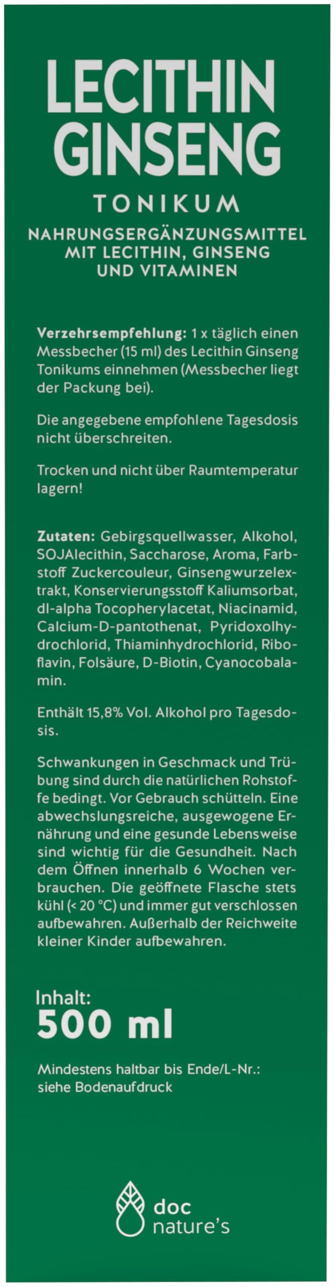 doc nature‘s LECITHIN GINSENG Tonikum 500 ml, verringert Müdigkeit & Ermüdung. Mit Lecithin, Ginseng & B-Vitaminen, vegan, gluten- & lactosefrei. Praktische Monatspackung