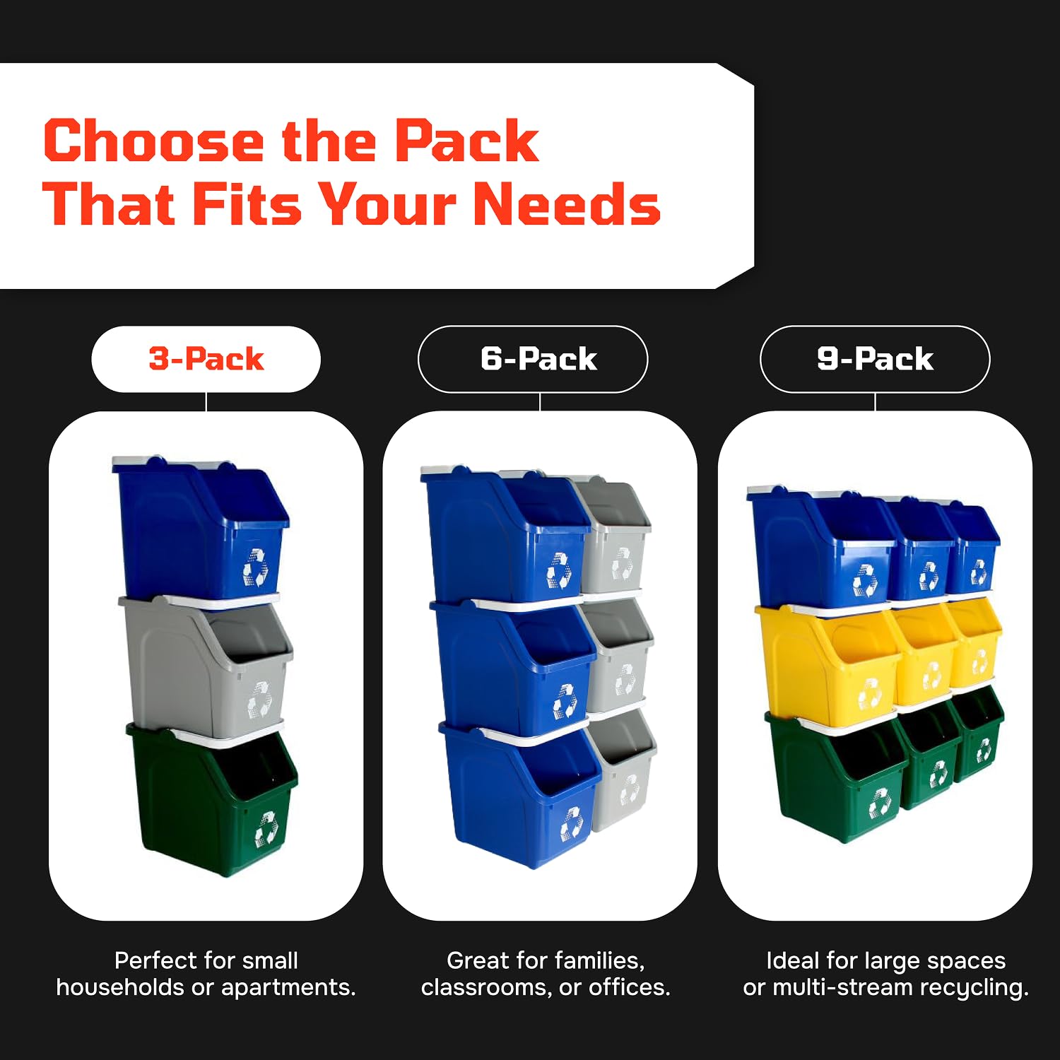 Multi Bin Recycling System with Three Stackable 6 Gallon Recycle Bins to Build Your Recycling Center for Offices, Kitchen, Garages, Businesses - (3 Pack, Blue/Yellow/Green)