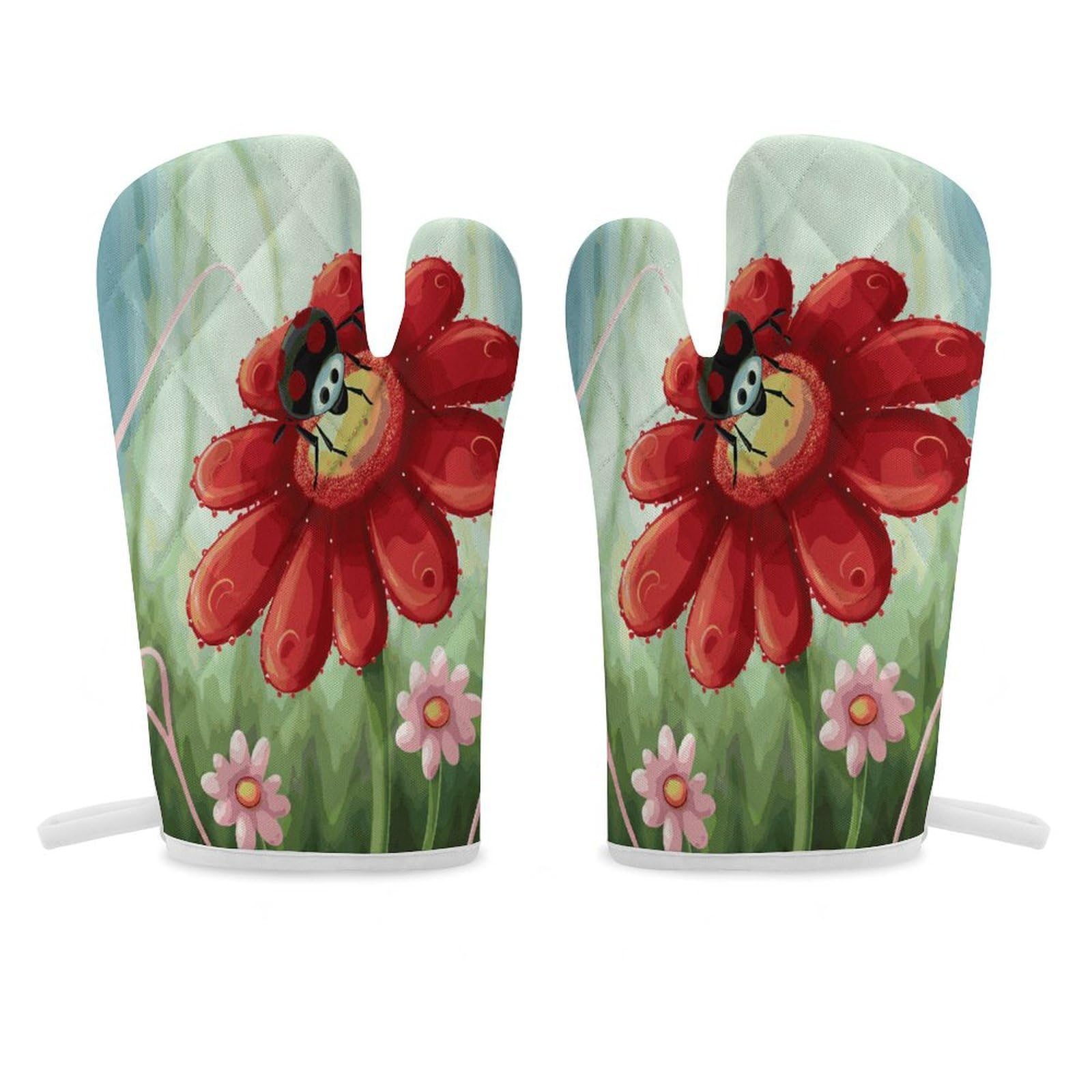 Ladybug Flower Oven Mitt Heat Resistant Potholder Set,Durable Oven Gloves for Gifts,Glove Pot Holder for Cooking Baking Grilling BBQ