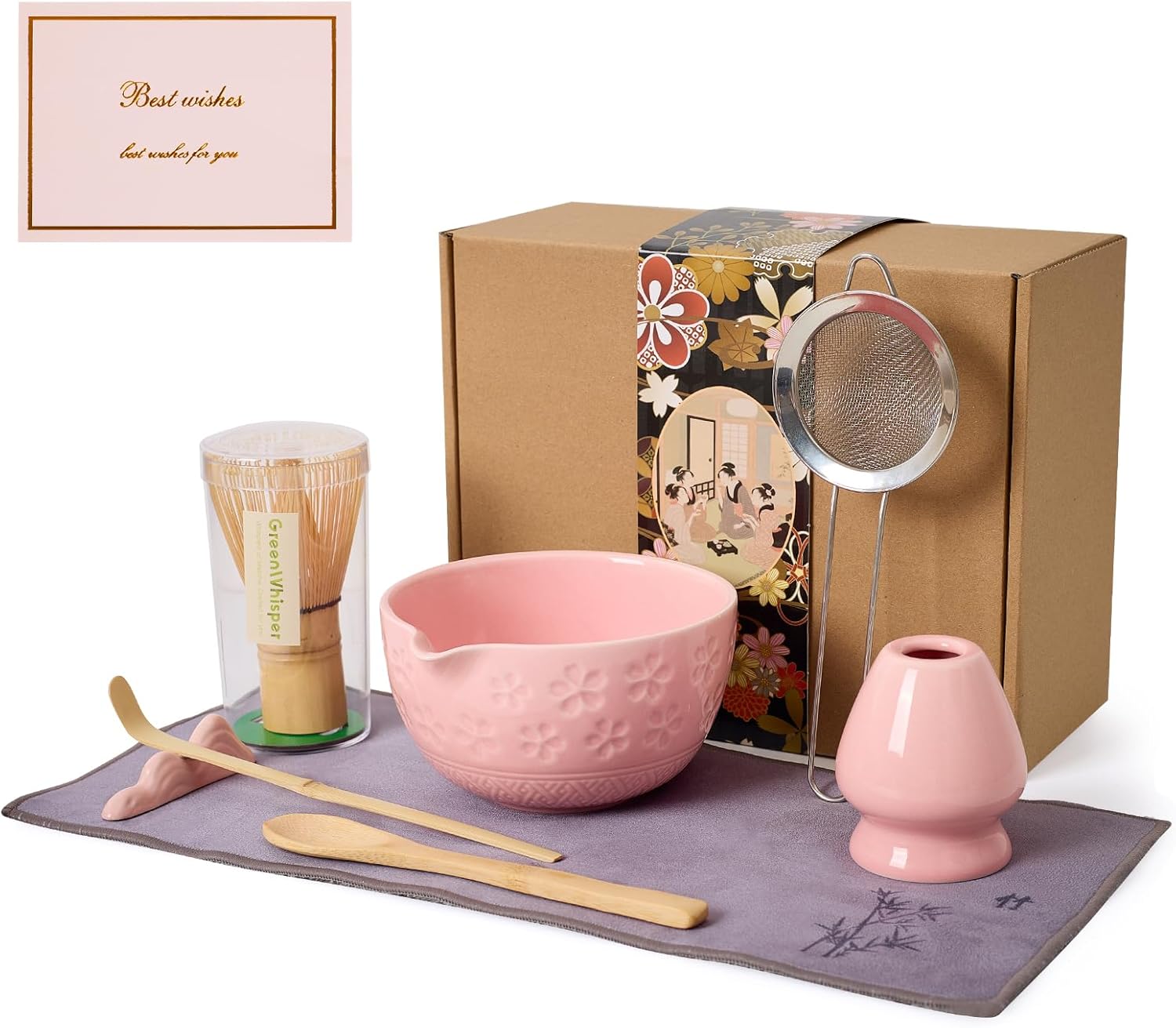 Matcha Whisk Set - Traditional Bamboo Chasen with Bowl, Complete Matcha Tea Making Kit & Starter Tools for Authentic Japanese Ceremony (Pink01, 8pcs/set,Bowl entry-level Set)