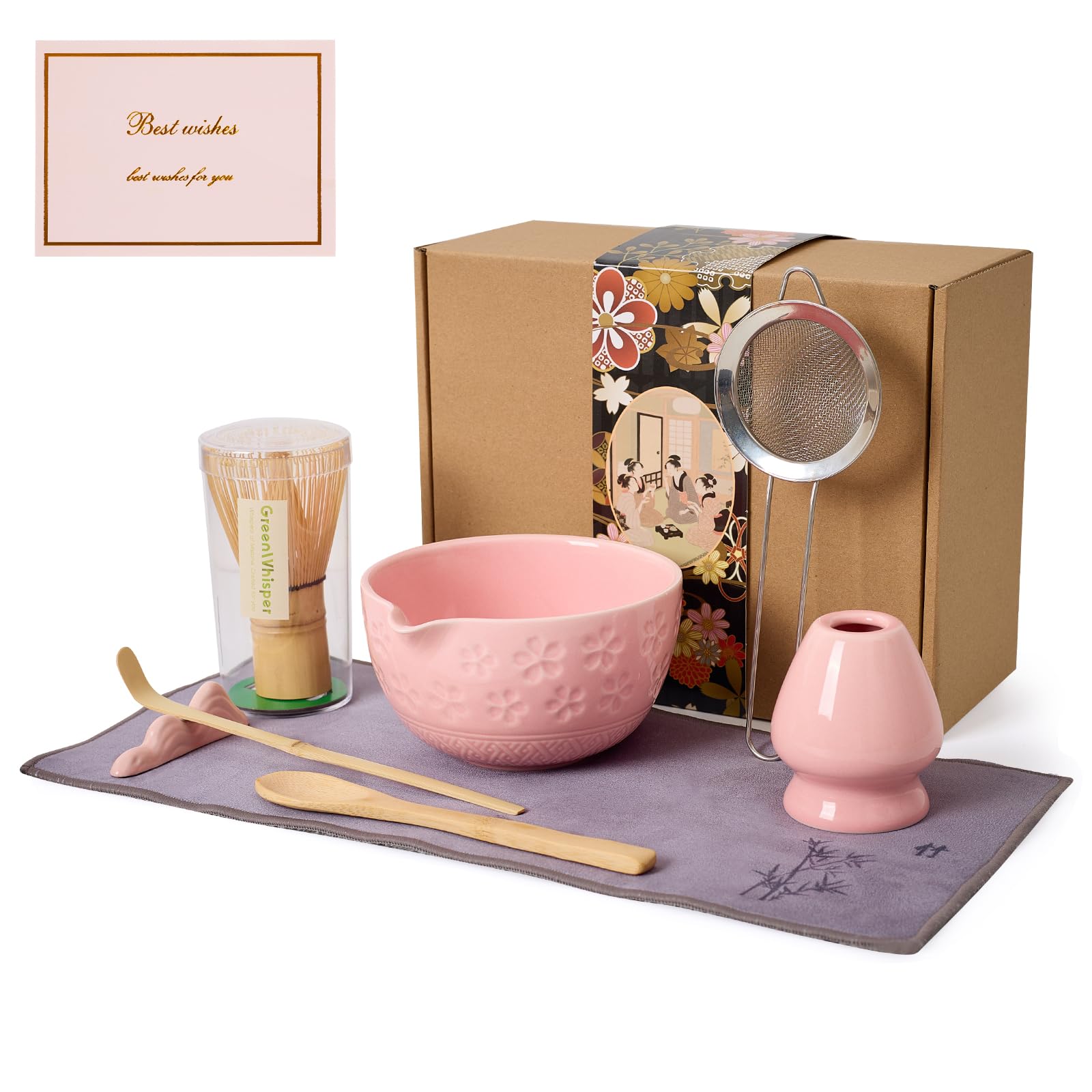 Matcha-Schneebesen-Set – traditioneller Bambus-Chasen mit Schüssel, komplettes Matcha-Tee-Zubereitungsset und Starterwerkzeuge für authentische japanische Zeremonie (Pink 01, 8-teiliges Set