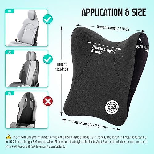 Miniatura 9 de Almohada para el cuello del auto para asiento de conducción, almohada para reposacabezas de automóvil con correa flexible, almohada de apoyo de