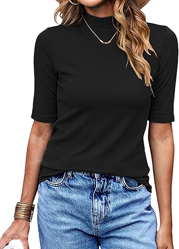 LaLaLa Camiseta de media manga para mujer, cuello alto, elegante, casual, para primavera, ajustada, básica