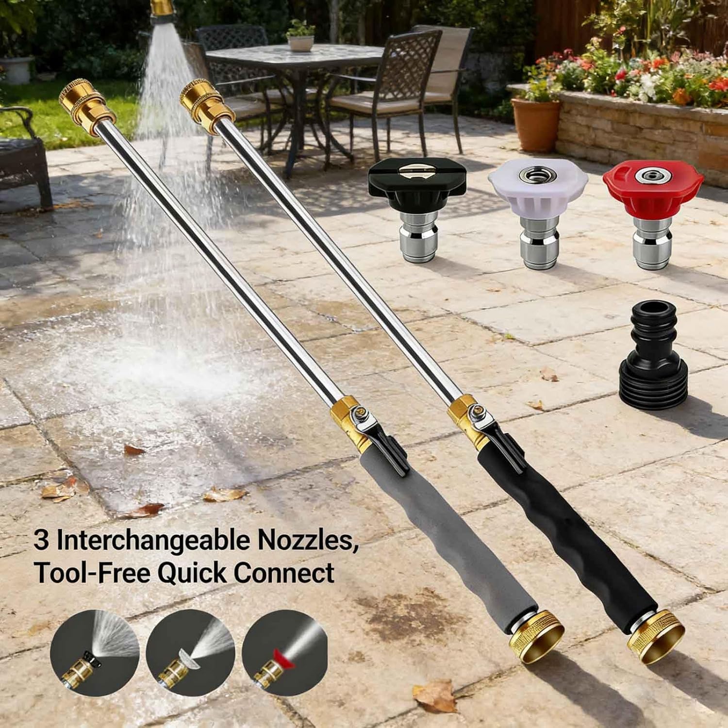 Garden Hose Jet Power Washer Nozzle, 3 Interchangeable Nozzles Universal Quick Connect for Car Washing Patio Cleaning (Black and gray)