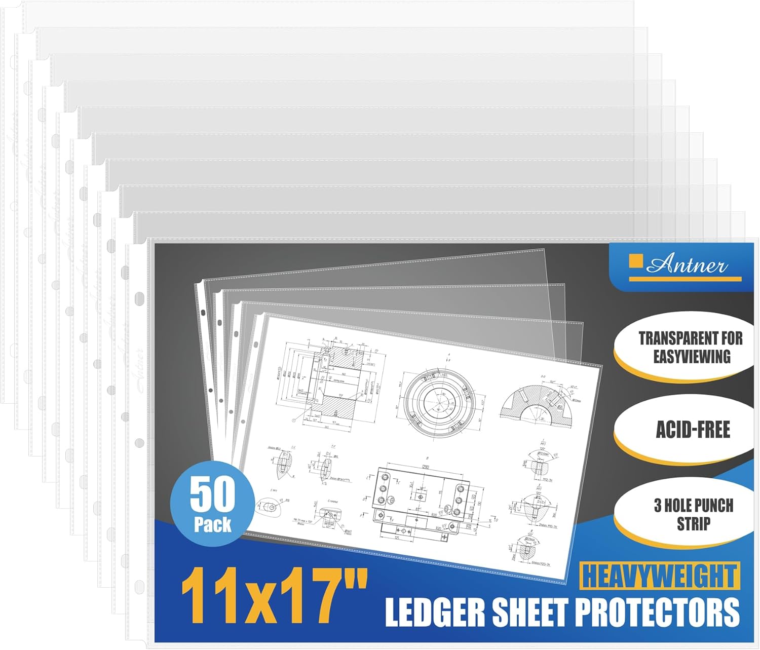 Antner 11x17 Inch Sheet Protectors (50-Pack) - Ledger Size Heavy Duty Clear Plastic Archival Sleeves, 3 Hole Punched for 3-Ring Binders, Side Loading Oversized Page Protectors for Documents Newspaper