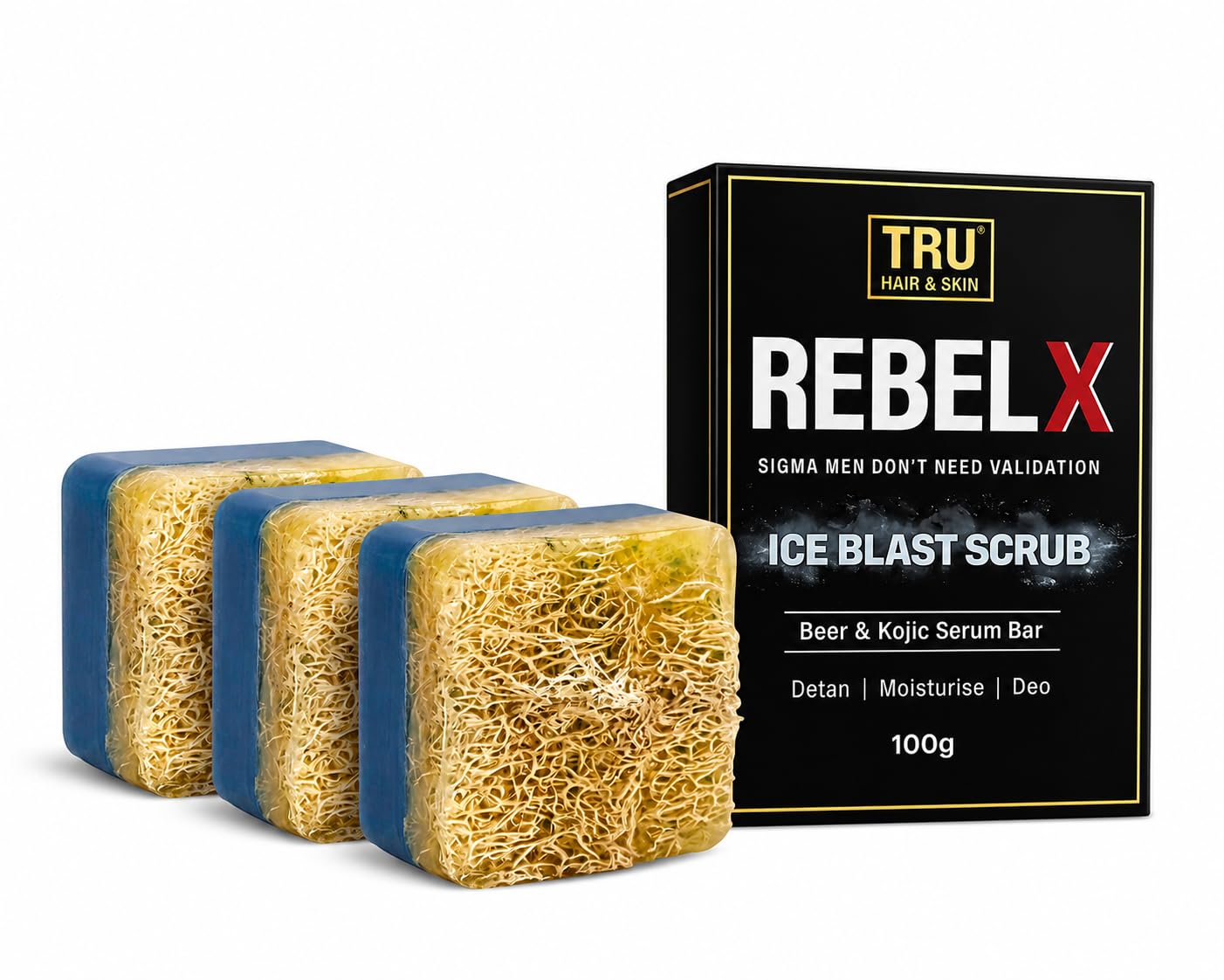 TRU HAIR & SKIN RebelX 4-in-1 Ice Blast Scrub | Natural loofah | Bathing Bar for Men | Handmade soap - 100gm (100gm Pack of 3)-image-19