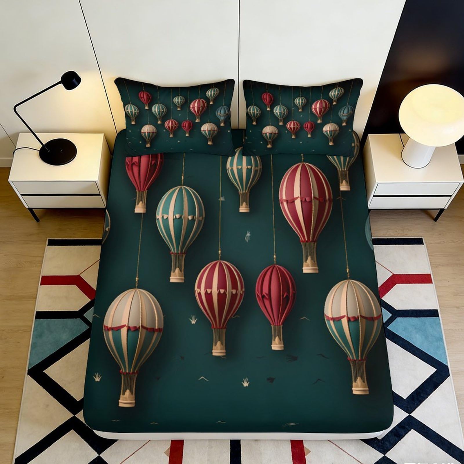 3D Printed Hot Air Balloon Fitted Sheet Microfiber Soft Breathable Vintage Balloon Bed Cover for Bedroom Dormitory Guest Room Protective Decor 200x200x25cm