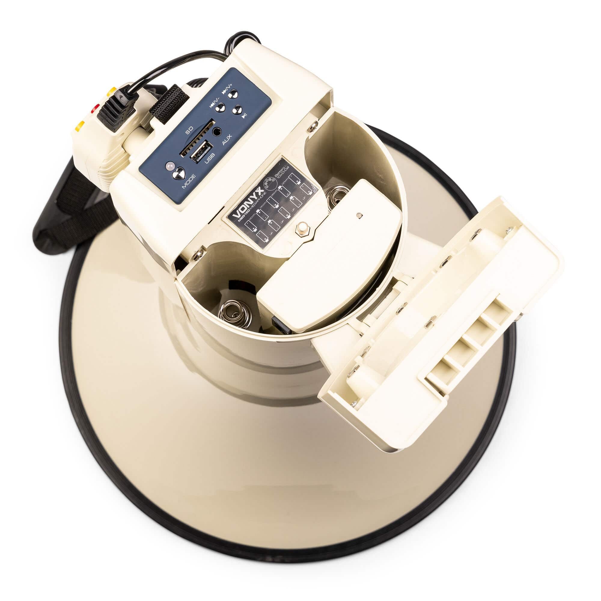 Vonyx MEG150 - Megafono professionale da 150 W con batteria ricaricabile, sirena e microfono, Bluetooth, funzione di registrazione, portata fino a 2000 metri, USB, SD, MP3 e AUX, cinghia, colore beige