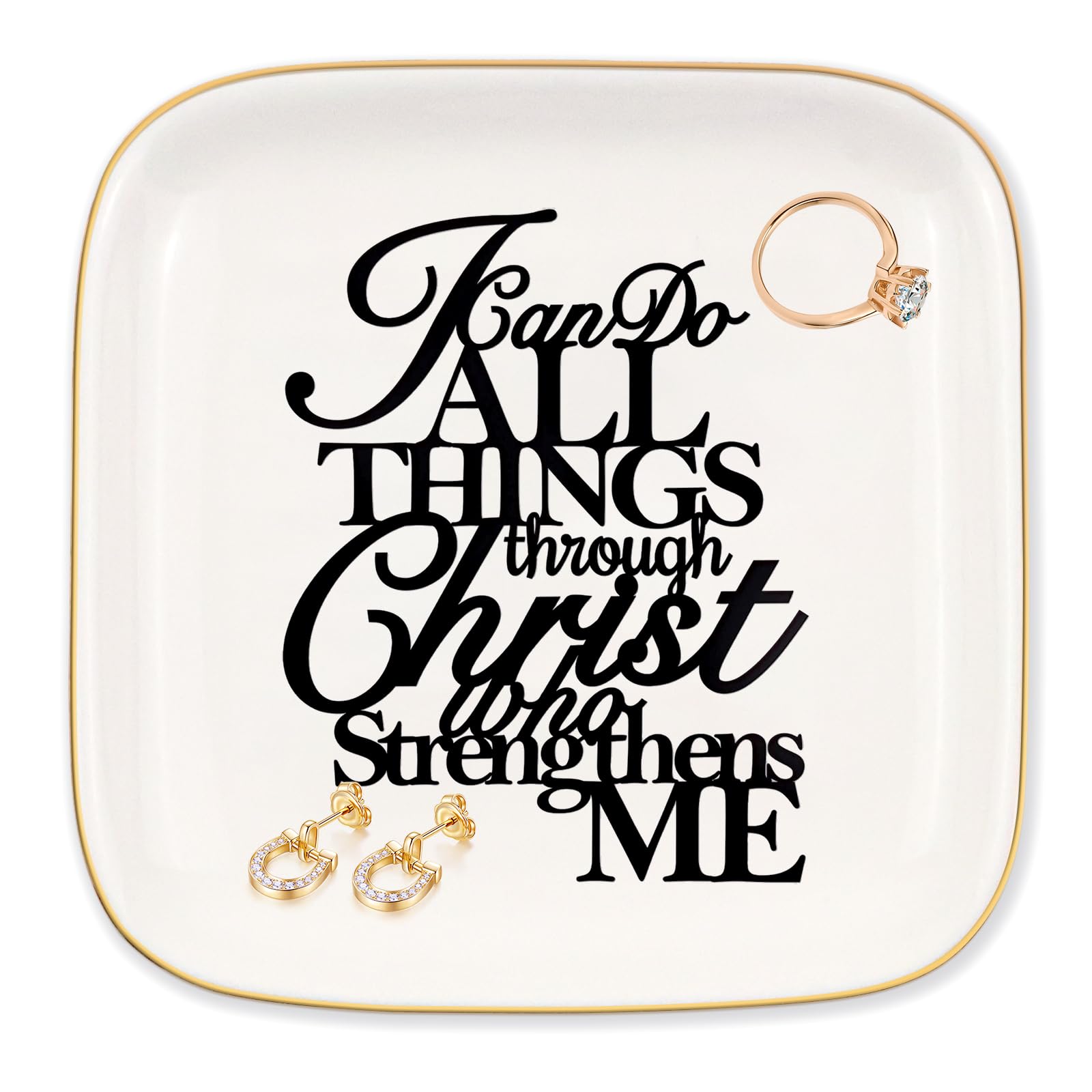 Christian Gifts for Women Faith Jewelry Dish Ring Tray, I can do all things through christ who strengthens me, Inspirational Religious Catholic Gifts for Mother's Day, Birthday, Anniversary