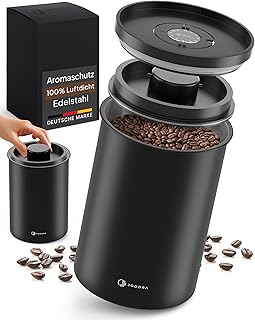 JODORA Kaffeedose Luftdicht 1KG Bohnen aus hochwertigen Edelstahl mit innovativem Vakuumverschluss - Kaffeebohnen Behälter mit Licht & Aromaschutz für maximale Frische inkl. Datumsanzeige (1 KG)