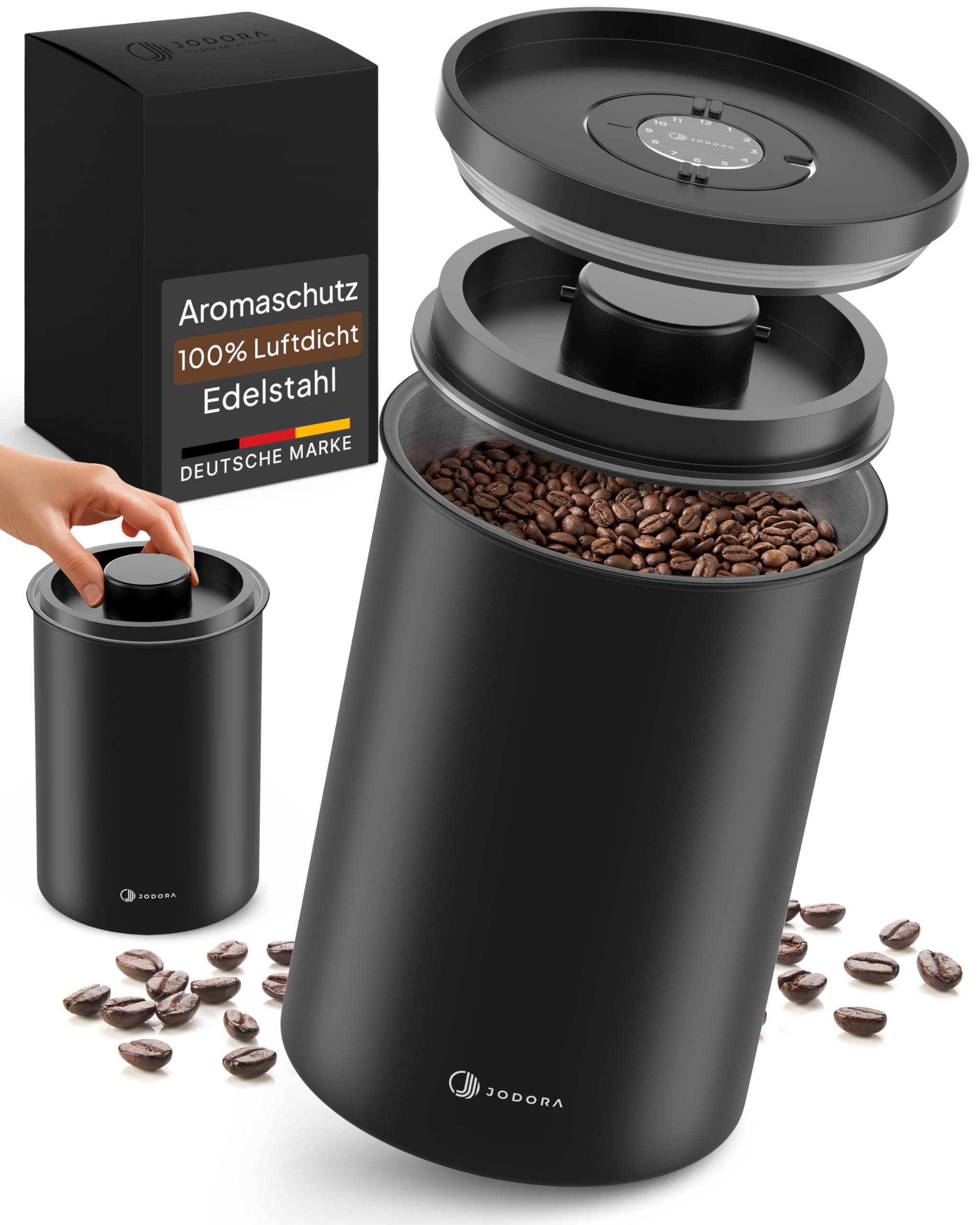 JODORA Kaffeedose Luftdicht 1KG Bohnen aus hochwertigen Edelstahl mit innovativem Vakuumverschluss