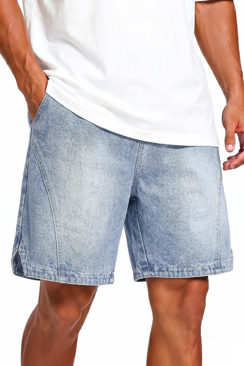 heyfanee Mens Baggy Jean Shorts Loose Fit Elastic Waist Denim Shorts 7 Inch Inseam-picture-11