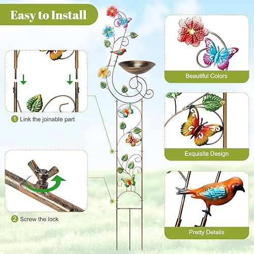 Miniatura 2 de Tfro & Cile Baño para pájaros con enrejado de plantas, decoración de patio al aire libre, mariposa de metal, cuenco de baño para pájaros, comedero