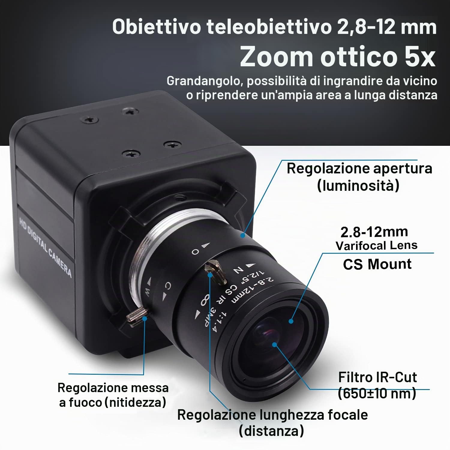 Svpro Webcam 1080P Full HD USB Camera con obiettivo zoom ottico 2.8-12 mm, messa a fuoco manuale formato H.264, caricamento rapido per video streaming, 0.01lux Low Light Camera con sensore IMX322