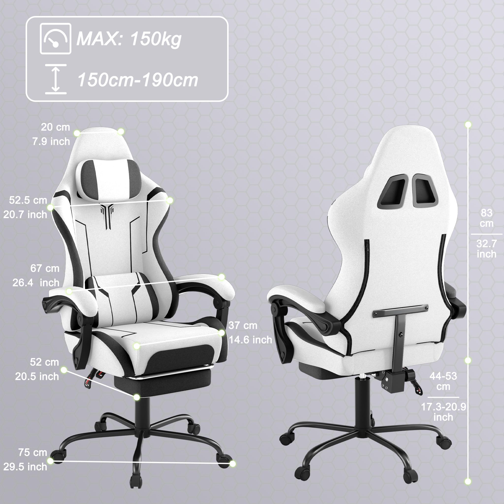 Fotel gamingowy z masażem wibracyjnym i podnóżkiem, ergonomiczny fotel e-sportowy z poduszką, podłokietnikami, krzesło biurowe, do 135 kg, z regulacją wysokości, biały, welurowy