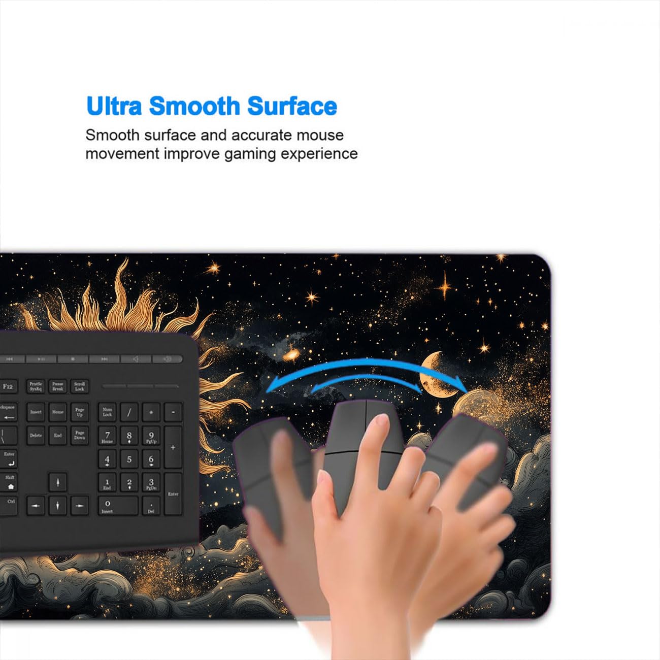 Alfombrilla de mouse extendida para juegos con borde cosido, base antideslizante, grande, teclado de computadora de oficina, laptop, hogar, 31.5 x 11.8 pulgadas, color negro y dorado