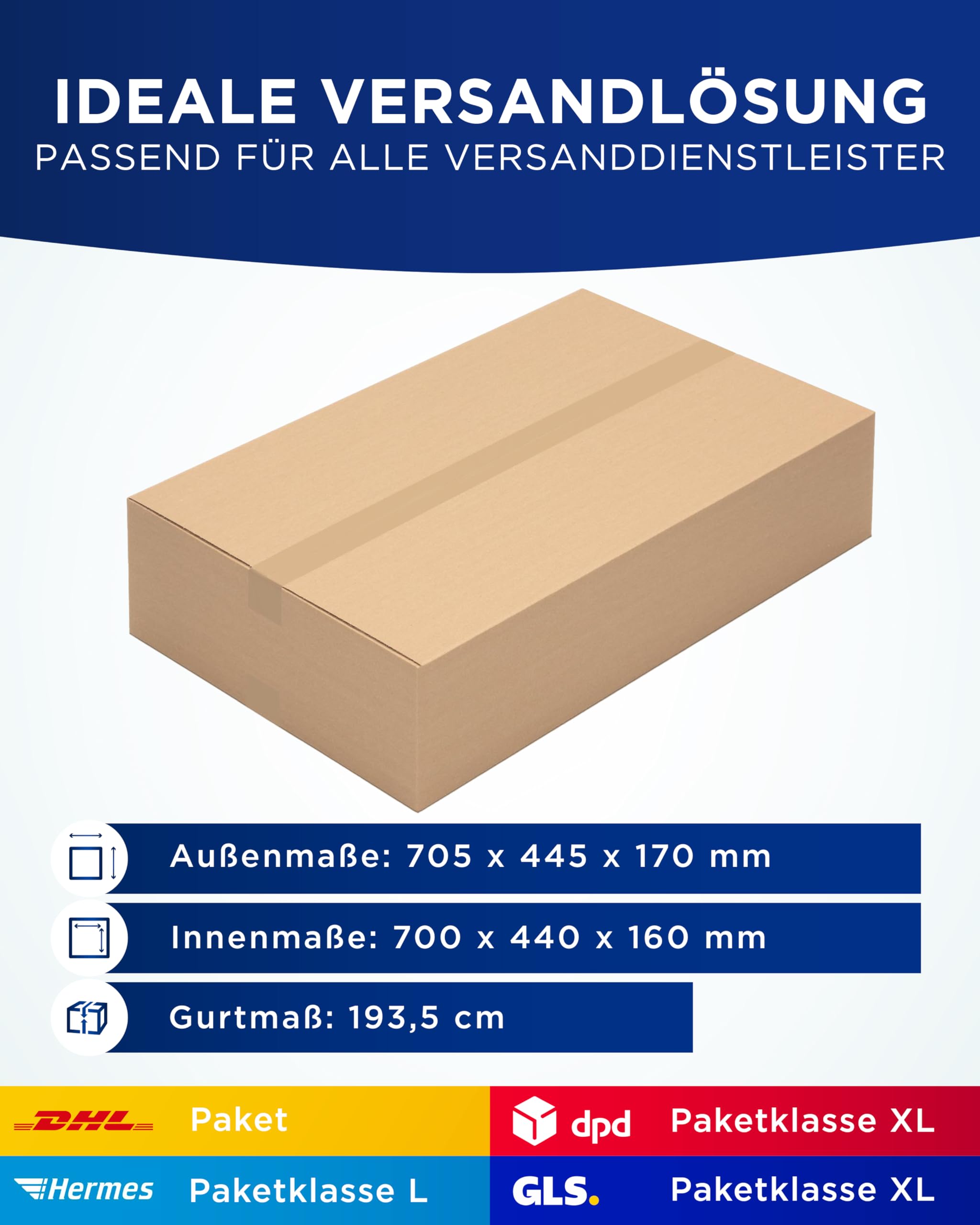 KK Verpackungen Versandkartons 700 x 440 x 160 mm Braun 1-wellig (Außenmaß 705 x 445 x 170 mm) | 100 Stück, Faltkartons Kartons für Versand als DHL Paket Hermes Paketklasse L DPD GLS Paketklasse XL