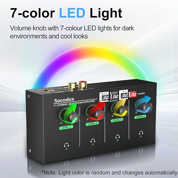 4-Channel Headphone Amplifier 3.5mm/6.35mm/RCA Jacks, Metal Compact Headphone Mixer with 8 Headphone Output Port, Stereo Switch, Mute Function, RGB Light, 5.5x2.76x1.2 inch