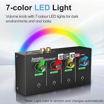4-Channel Headphone Amplifier 3.5mm/6.35mm/RCA Jacks, Metal Compact Headphone Mixer with 8 Headphone Output Port, Stereo Switch, Mute Function, RGB Light, 5.5x2.76x1.2 inch