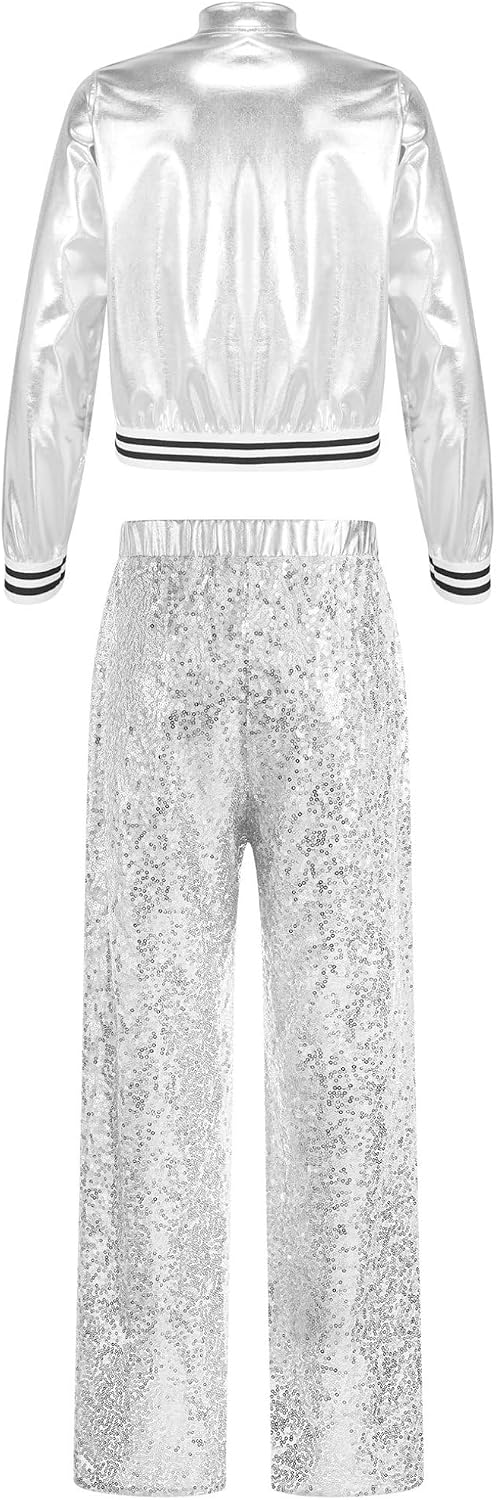Oyolan Girls Shiny Long Sleeve Bomber Jacket Outwear Top with Sequin Pants Dance Outfit Jazz Hip Hop Costumes
