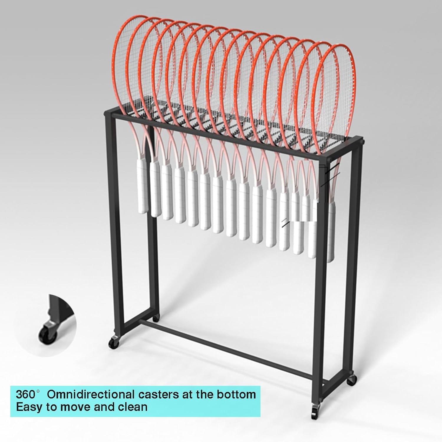 Heavy Duty Tennis Racquet Storage Rack,Rolling Sports Equipment Cart,Black Badminton Racquet Storage Rack,30kg Load Capacity,for School Gym Training Ground