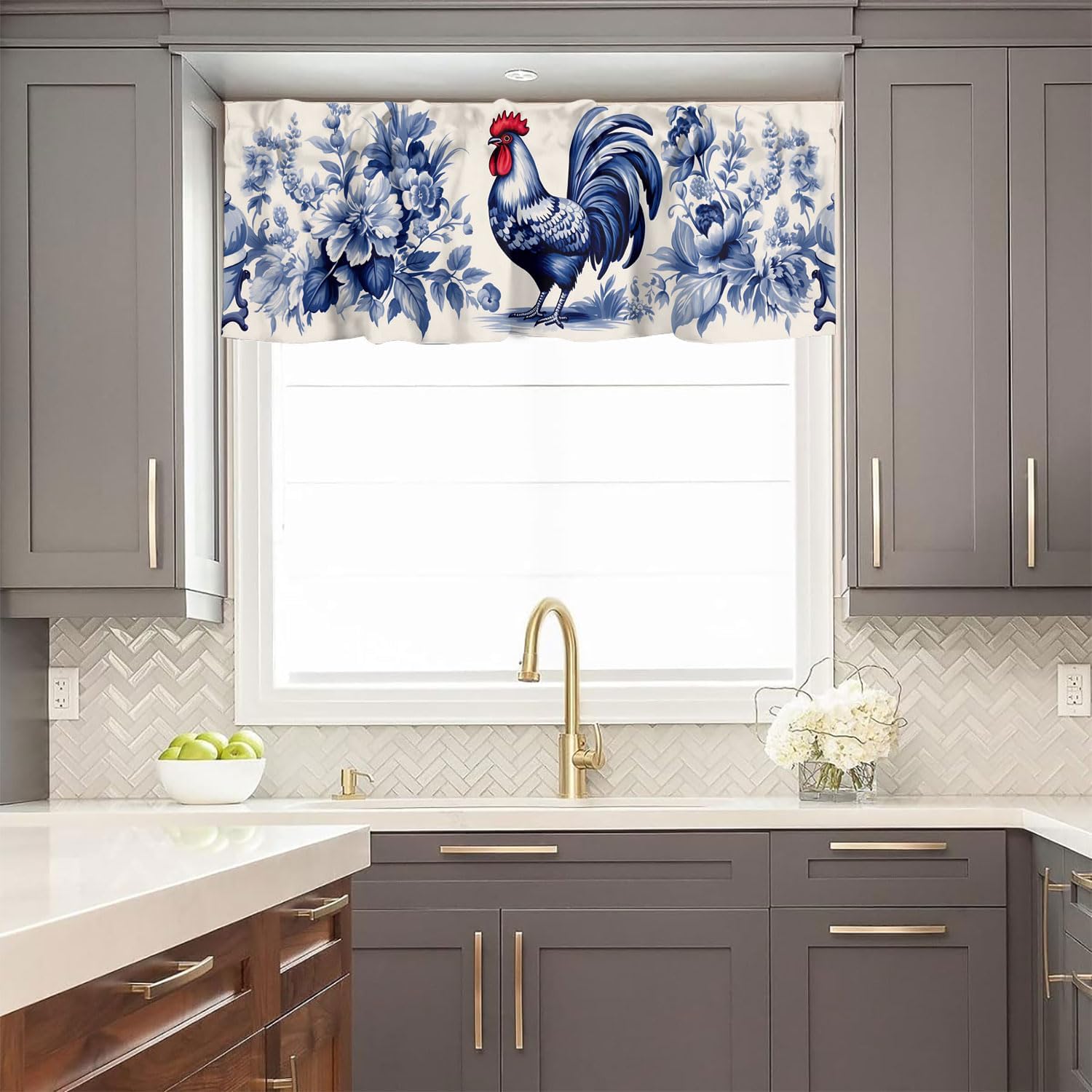 Rooster Curtain Valances Country Farm Farmhouse Blue Flowers Window Curtain Valances for Kitchen Bedroom Bathroom Living Room 54 X 18 Inch, 1 Panel