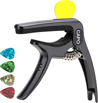 Guitar Capo, 3 in 1 Zinc Metal capo for Acoustic and Electric Guitars Free bonus 4 picks with Pick Holder and Pin Puller, Guitar Accessories, Black color