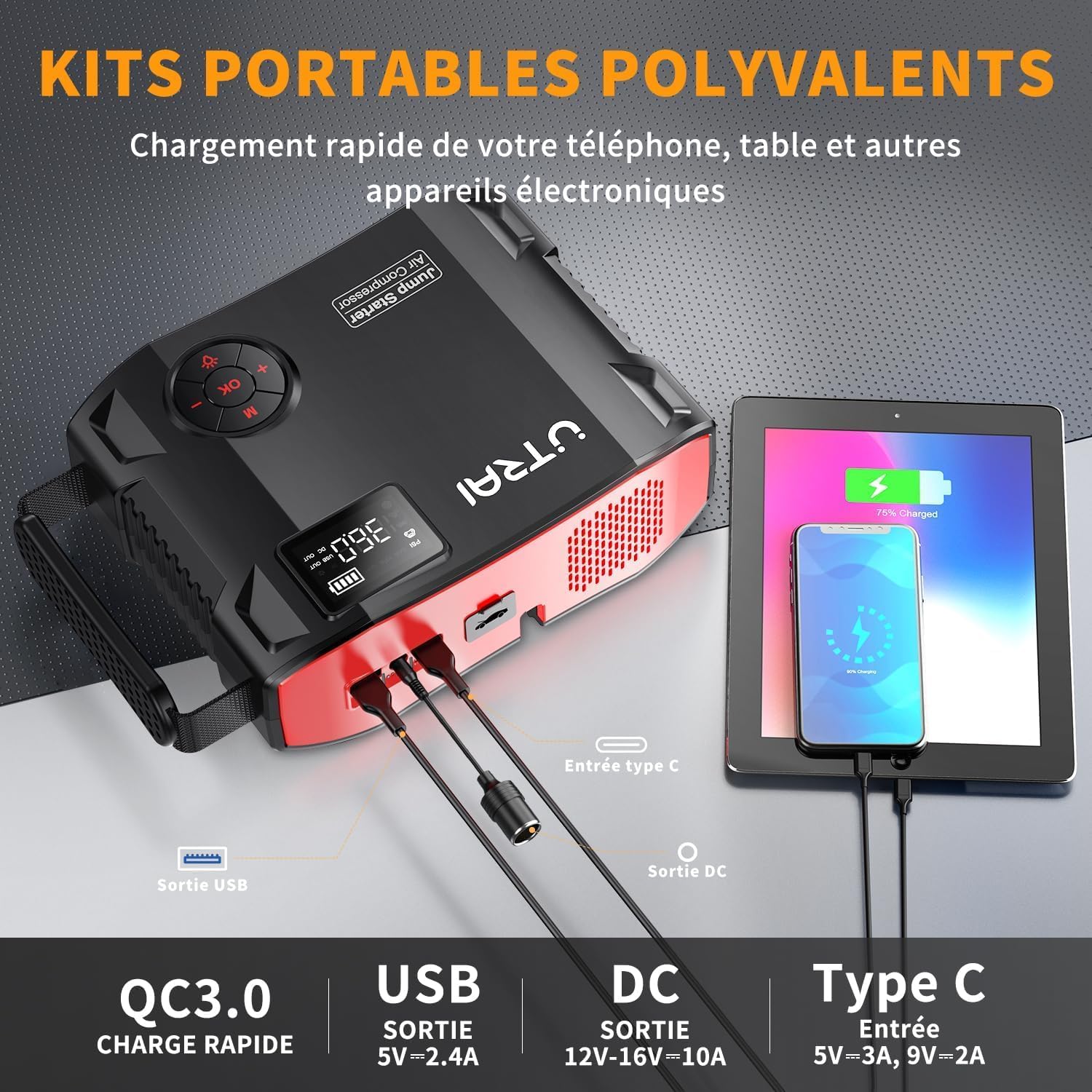 UTRAI 27000mAh Booster Batterie Voiture 8000A, Demarreur Batterie Voiture avec 1600 Lumens LED, Gonfleur, Sortie CC 160 W, 18W Charge Rapide, Jump Starter Portable (Tous Gaz ou 12L Diesel)