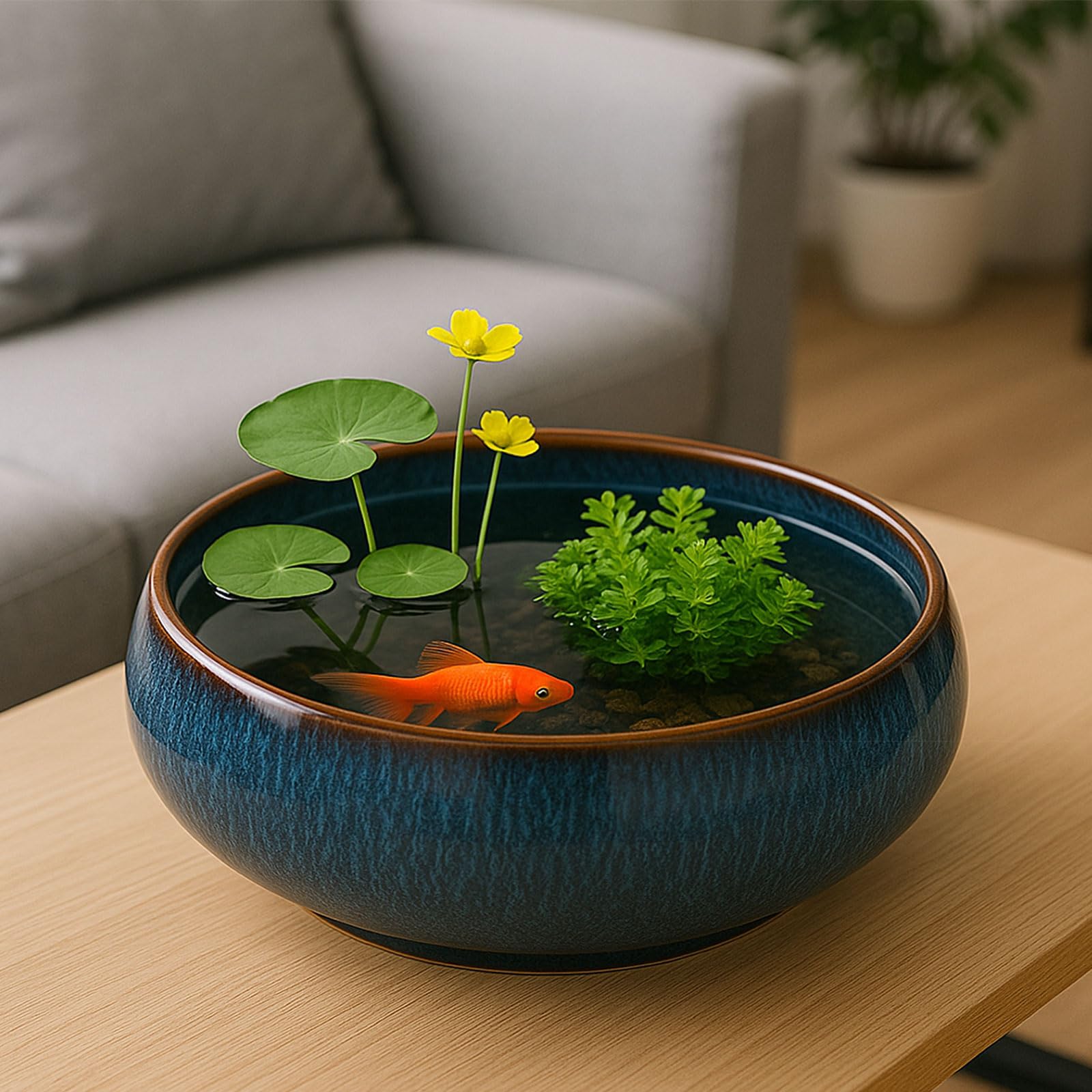 Maceta de cerámica esmaltada Lotus Bowl para plantas acuáticas, para interior y exterior, hidropónica, poco profunda, para semillas de loto, suculentas, bonsái, composición de nenúfares (azul)