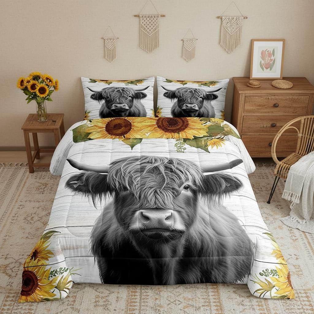QOOMO Set Biancheria Da Letto Twin Con Mucca Delle Highlands E Girasoli | Copripiumino 170x215 + 2 Federe | Microfibra Morbida
