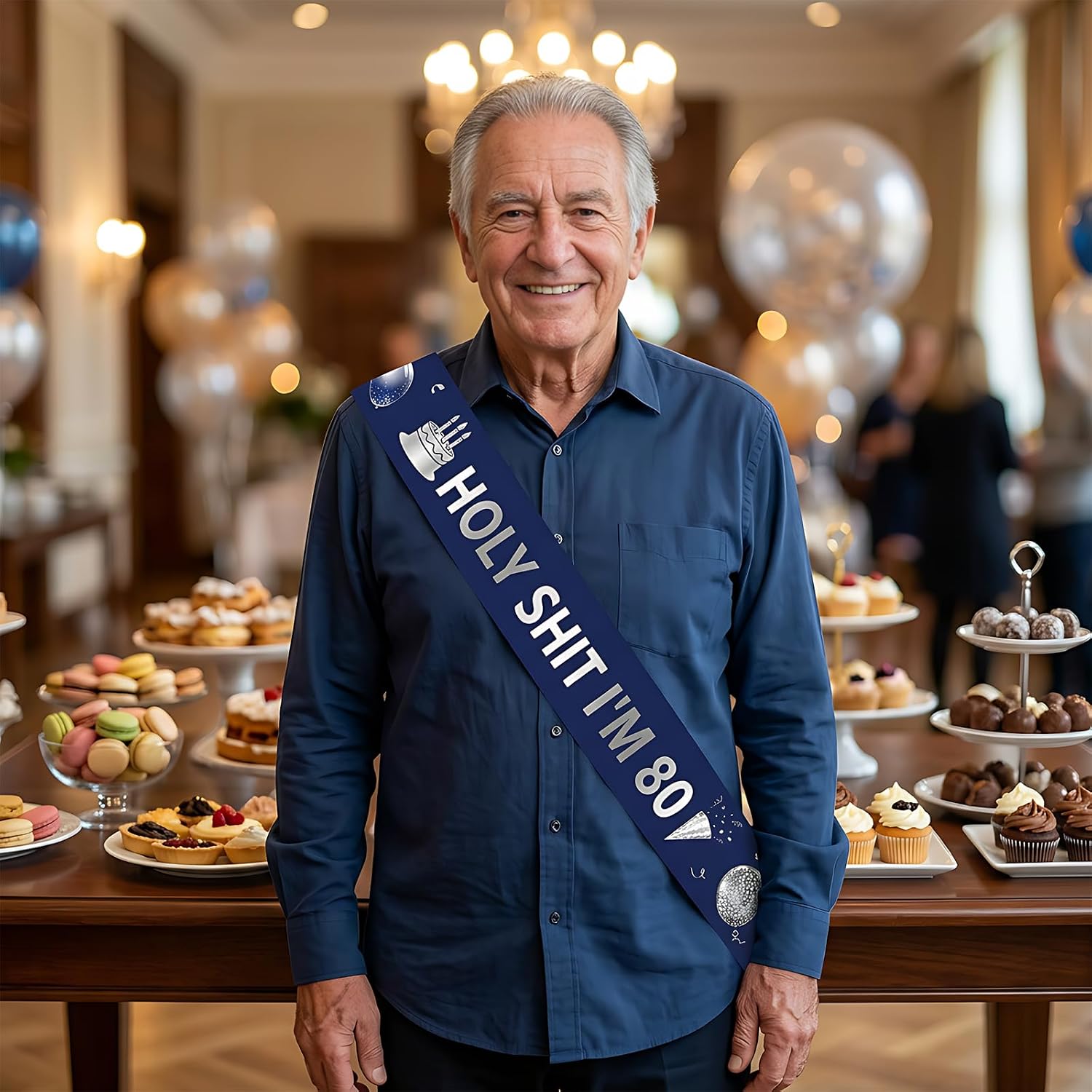 Holy Shit I'm 80 Sash Funny 80th Birthday Party Decorations Happy 80th Birthday Sash for Man and Women Navy Blue 80th Birthday Party Gift Favors