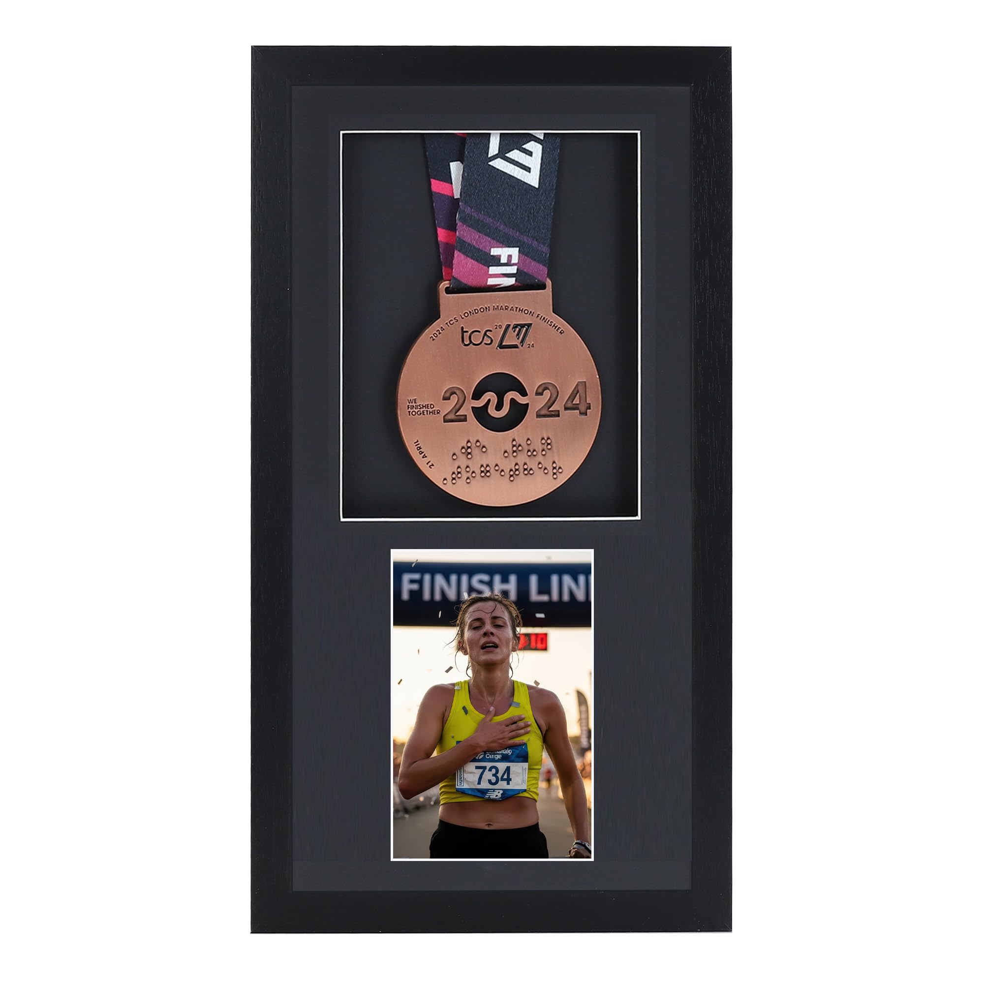 Medal display Frame with Apertures for Bib and Photo. Handmade. Perfect for Runners, Swimmers, Cyclists, Athletes | Marathon Medals (Black Frame, Black Mount, 2 Apertures Portrait)