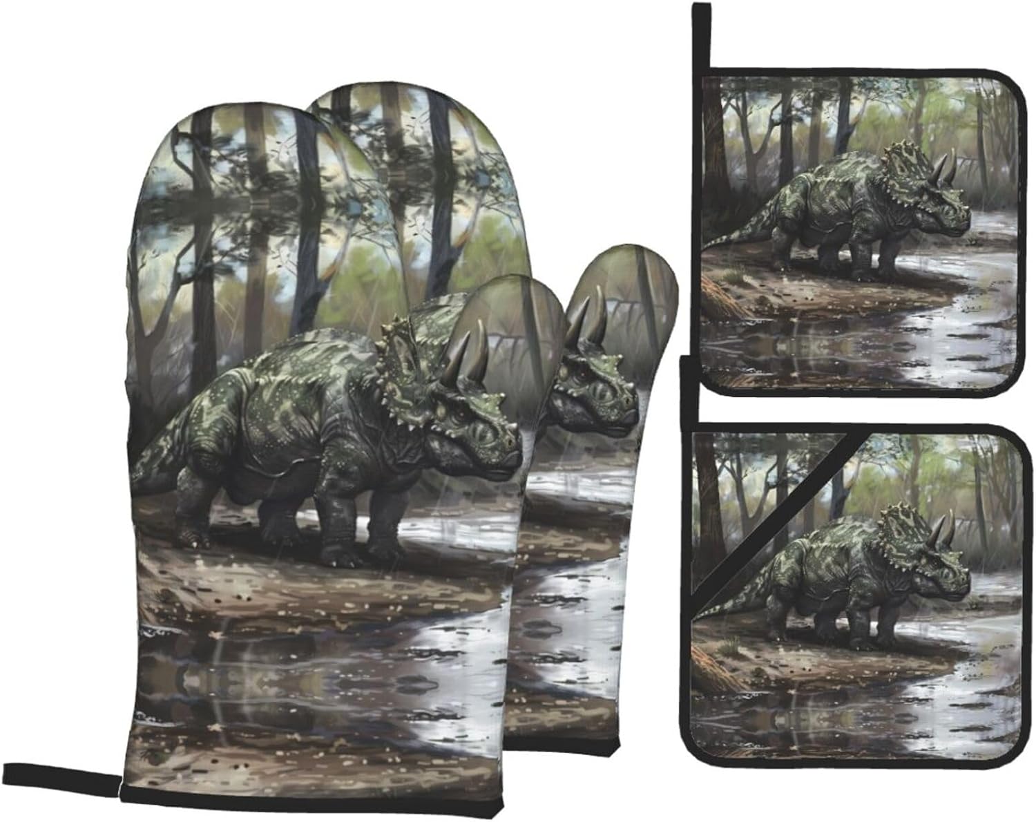 Triceratops Prints Kitchen Covers: Waterproof Oven Layers for Safe Cooking & Easy Cleanup - 4 Piece Heat Protection Set