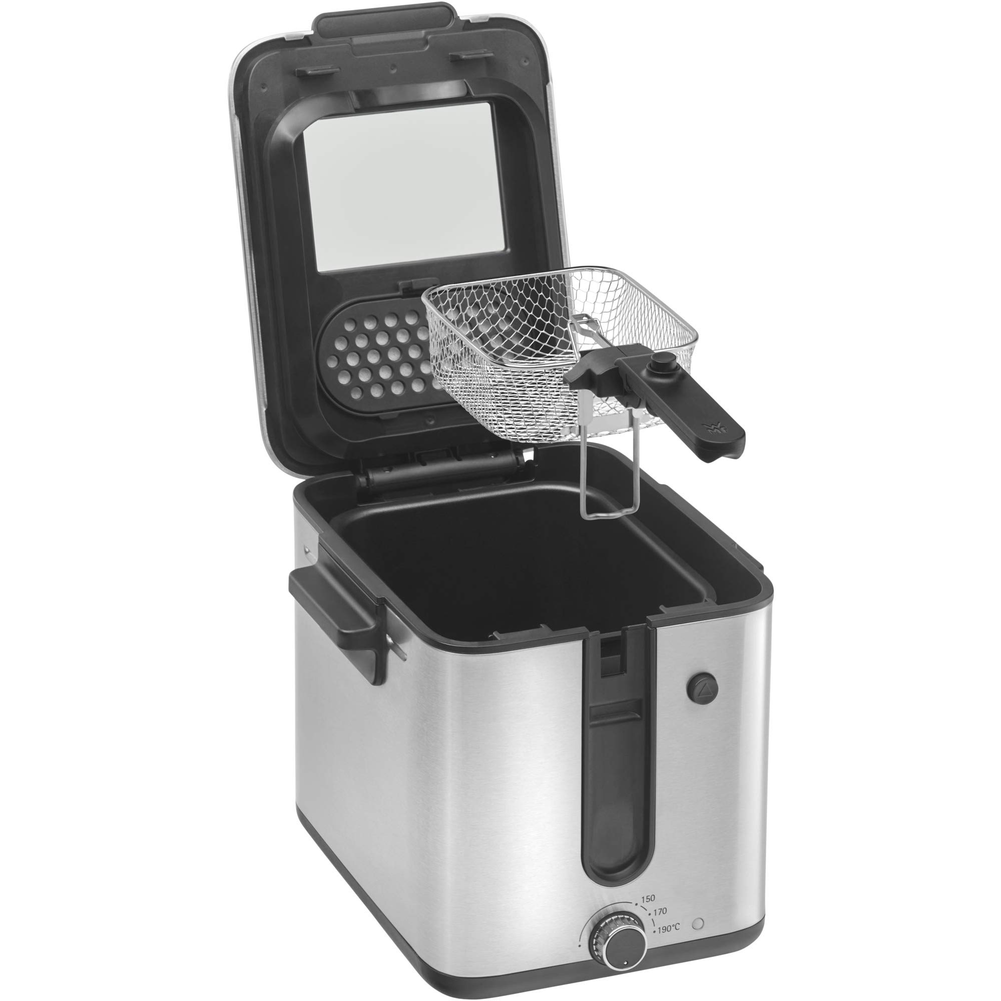 WMF Küchenminis mini frytkownica z tłuszczem/olejem, mini frytkownica z krajalnicą do ziemniaków, 1000 W, wyjmowany pojemnik na olej, na chrupiące frytki, stal nierdzewna matowa