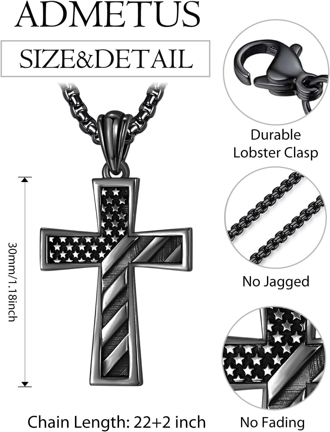 ADMETUS Cross Pendant Necklace, 925 Sterling Silver Protection Jewelry Religious Gifts for Men with 2.5mm 22"+2" Rolo Chain