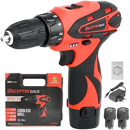 SCEPTRE SPCD12V Cordless Power Drill Set 1350 RPM Variable Speed Reversible Portable Driver with 12V Li-Ion Battery and Charger, Tool Kit DIY Impact Drill Machine for Home Garden, Office, (Red)