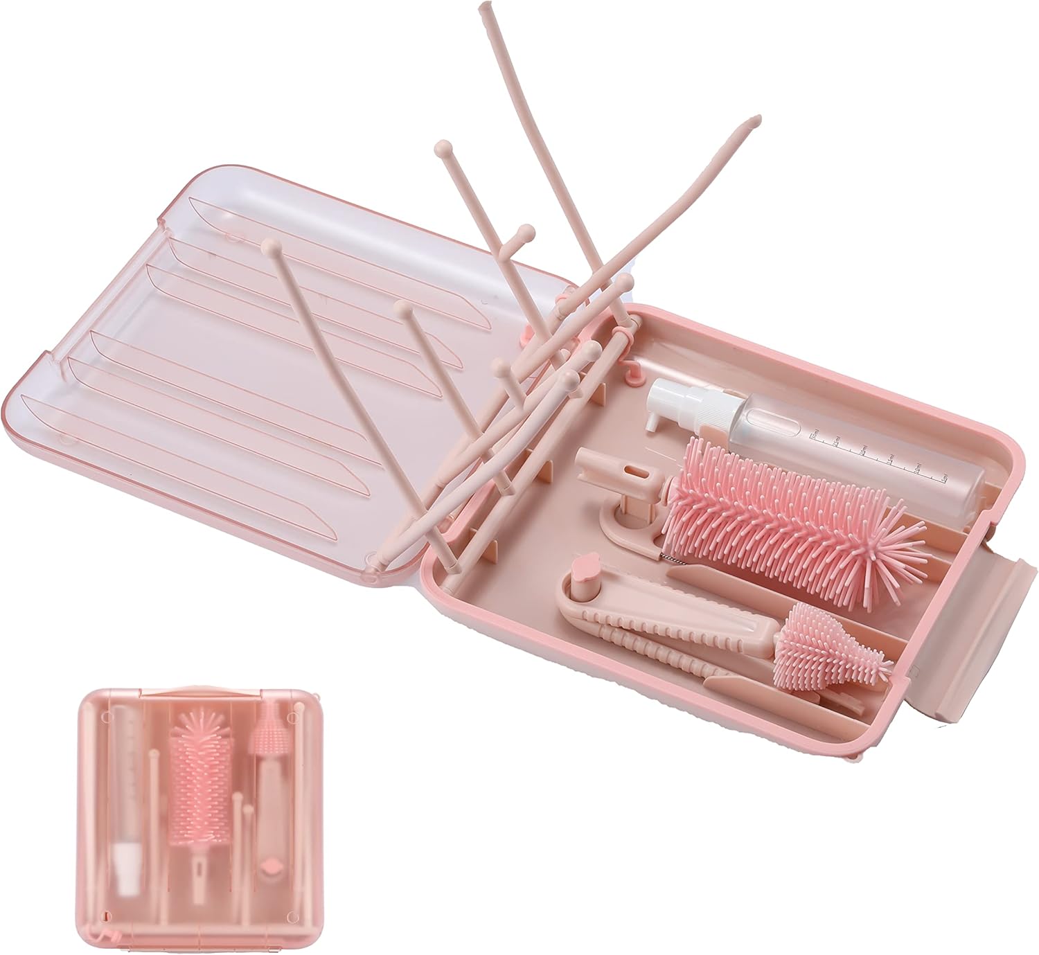 Portable Baby Bottle Brush Set, Portable Bottle Drying Rack. Nipple Brush, Straw Brush, Soap Dispenser. Portable for Travel. Pink