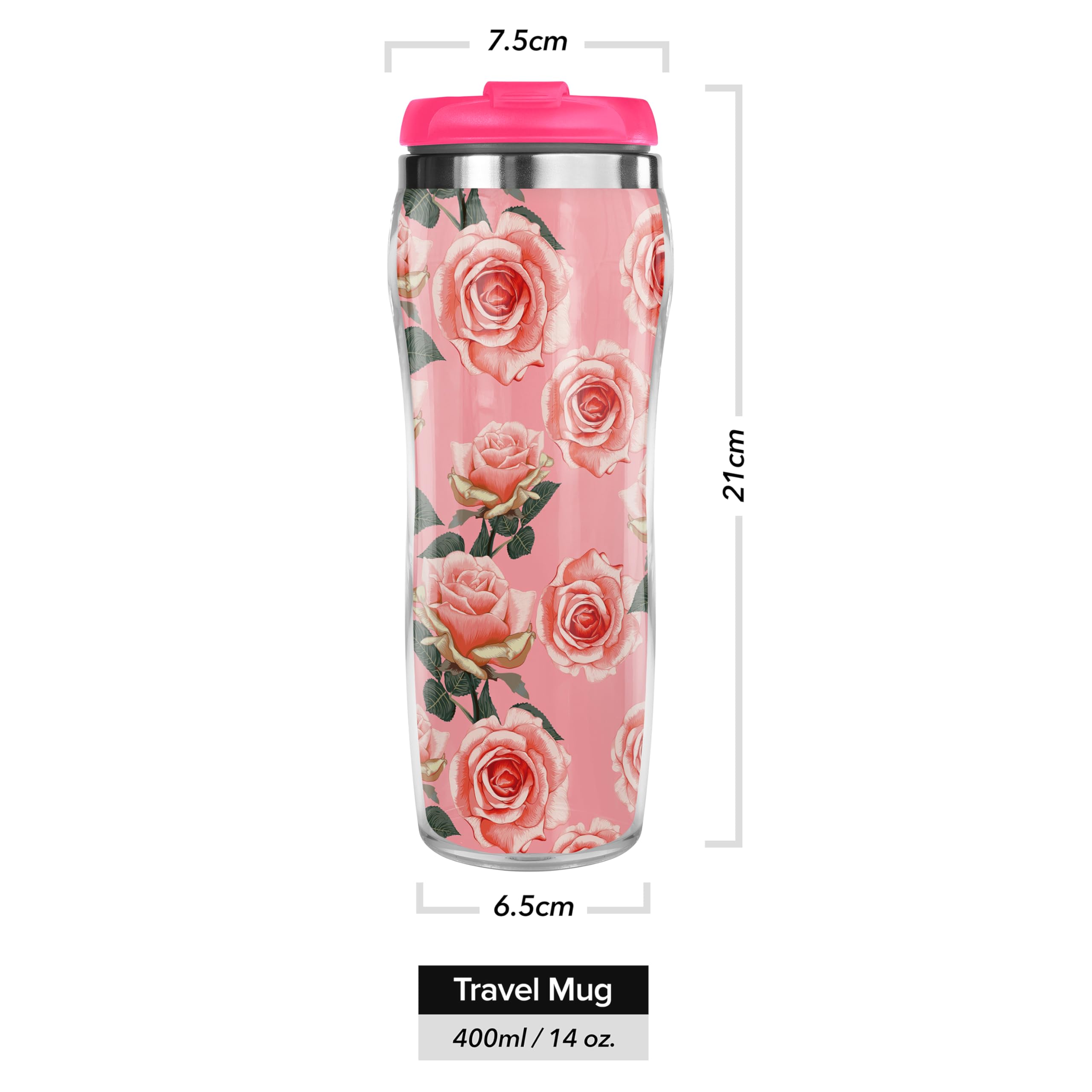 Pixly® Vintage Pink Roses Thermal Travel Mug Coffee Tea Flask, 400ml/14oz Capacity, Flower, Floral Pattern - Vintage Pink Nostalgia - Image 3