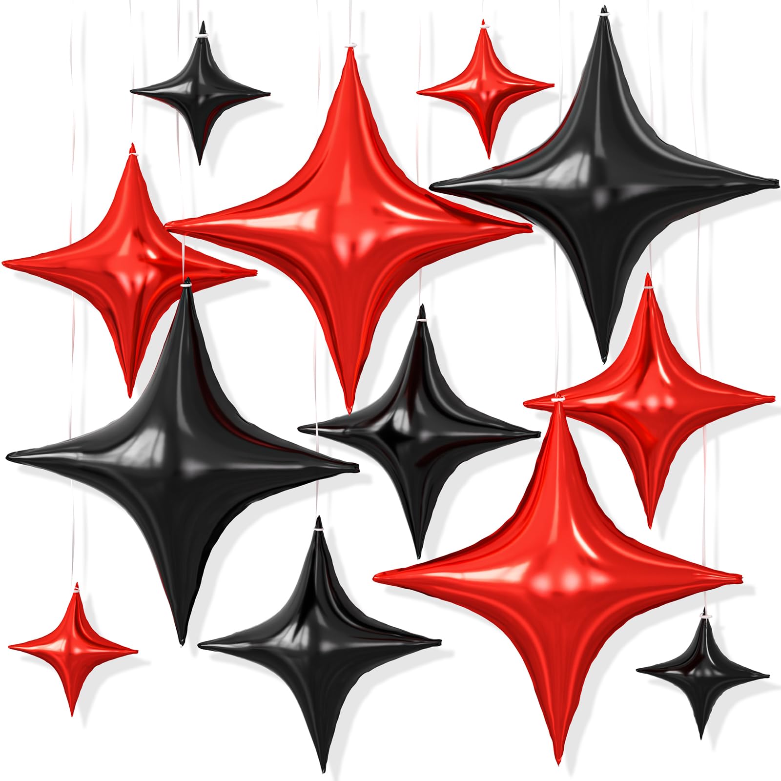 Dagelar 12PCS Star Balloons, 26/18/10 Inch Star Foil Balloons, Metallic Four Pointed Stars Balloon for Birthday Baby Shower Graduation Wedding Anniversary New Year Party Decoration, Black Red